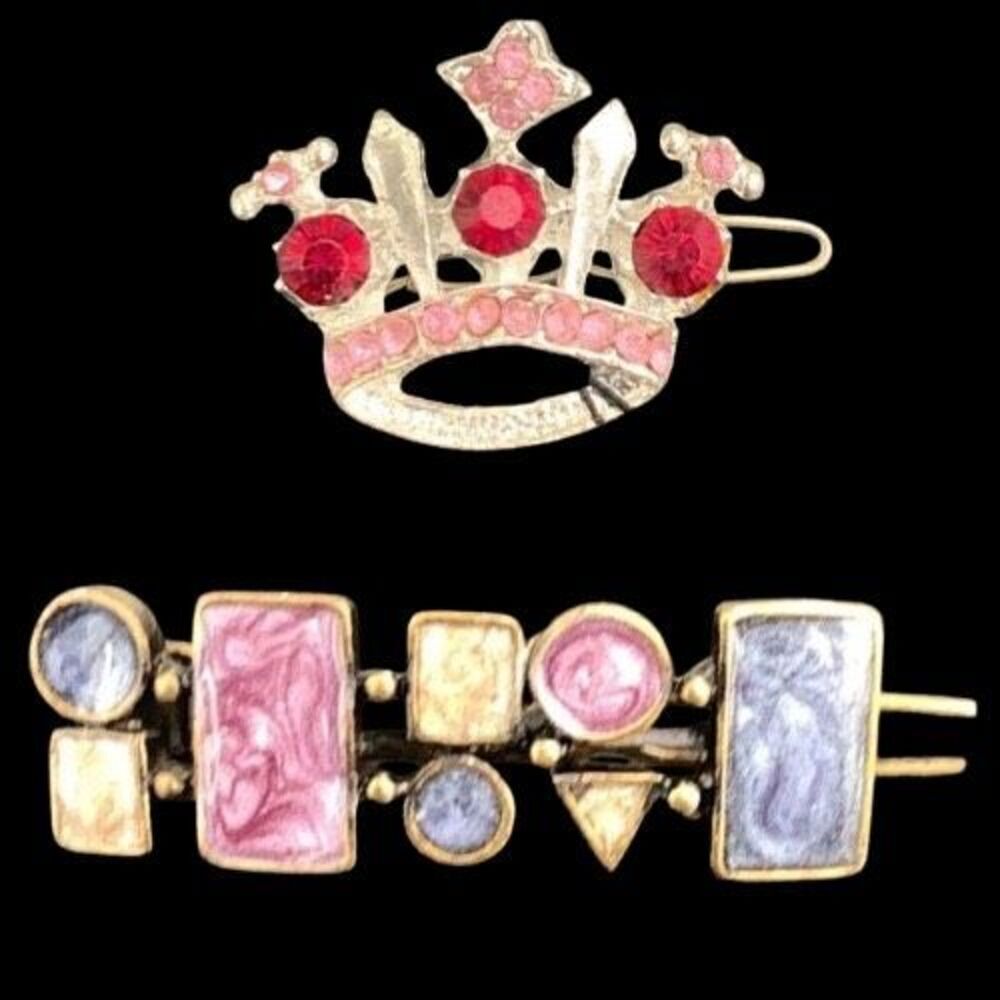 Hand-Painted Vintage Barrettes by Darlene - Enamel & Rhinestone Set of 2